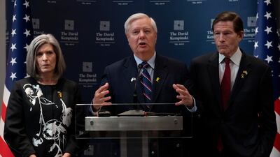 US politicians Lindsey Graham, centre, Joni Ernst, left, and Richard Blumenthal, address journalists as part of a bipartisan US Senate delegation's visit to Tel Aviv. AP