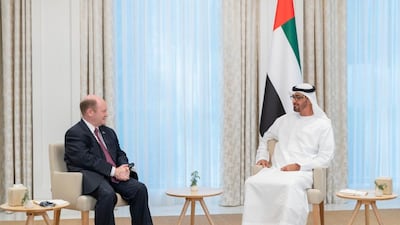 Sheikh Mohamed bin Zayed, Crown Prince of Abu Dhabi and Deputy Supreme Commander of the Armed Forces, with US senator Chris Coons in Abu Dhabi. Wam