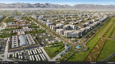An image of Khazaen Economic City, a 52 square kilometre city under development in Barka, 60km north of Oman's capital city, Muscat. Courtesy of Khazaen Economic City