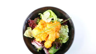 Entrée: Rock shrimp tempura with creamy chilli and garlic sauce; Dh30 from Sho Cho