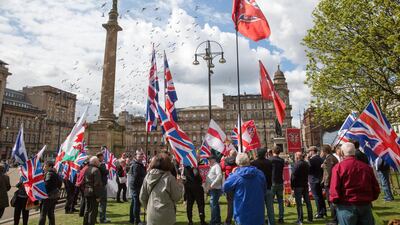 Unionist counter-protesters protest against a pro-independence rally held by independence pressure group All Under One Banner in George Square, Glasgow. EPA