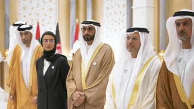 From right: Ali Al Shamsi, Deputy Secretary-General of the UAE Supreme National Security Council; Dr Gargash; Mohamed Al Bowardi, Minister of State for Defence Affairs; Noura Al Kaabi, Minister of Culture and Knowledge Development; and Dr Al Zeyoudi attend a reception for Mr. Ghani at the Presidential Palace.