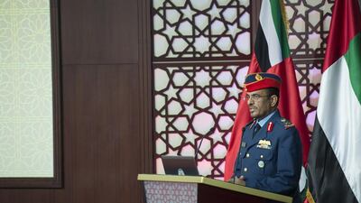 Pilot Staff Major General Rashad Mohamed Al Saadi Commander of the UAE National Defense College delivers a speech during the 2015-2016 UAE National Defense College graduation ceremony. Rashed Al Mansoori / Crown Prince Court — Abu Dhabi