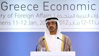Sheikh Abdullah bin Zayed, the Minister of Foreign Affairs, speaks during a business forum in Athens yesterday. AP Photo / Petros Giannakouris