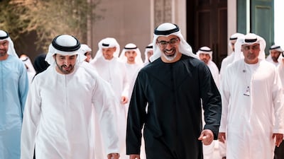 Sheikh Khaled bin Mohamed, Crown Prince of Abu Dhabi, and Sheikh Hamdan bin Mohammed, Crown Prince of Dubai, Deputy Prime Minister and Minister of Defence, were among those at the Government Annual Meetings. Photo: Wam