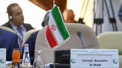 The seat reserved for the Iranian delegate is pictured during an emergency ministerial meeting of the Organisation of Islamic Cooperation (OIC) in Jeddah. AFP