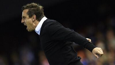 Valencia manager Gary Neville reacts during the La Liga match against RCD Espanyol at Estadi de Mestalla on February 13, 2016 in Valencia, Spain. (Photo by Manuel Queimadelos Alonso/Getty Images)