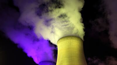 The Drax Power Station in North Yorkshire, England, illuminated in the colours of the Ukrainian flag. Reuters