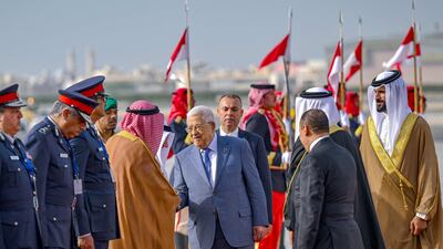 Palestinian President Mahmoud Abbas arrives in Manama for the 33rd Arab League summit. AFP