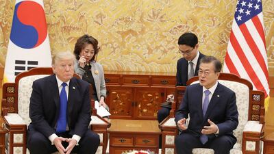 South Korean president Moon Jae-in meets with US president Donald Trump for a one-on-one summit at Cheong Wa Dae in Seoul, South Korea. Yonhap / EPA