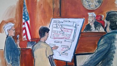 In this courtroom sketch Judge Richard Berman, second from right, and prosecuting Assistant U.S. Attorney Sidhardha Kamarju, far right, listen as Turkish-Iranian gold trader Reza Zarrab, second from left, with the aide of an unidentified interpreter, far left, describe a scheme using a diagram he drew, outlining how he helped Iran evade US economic sanctions. Elizabeth Williams via AP
