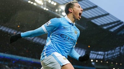 Manchester City’s Samir Nasri celebrates after scoring the winner against West Bromwich Albion in the Premier League on Saturday night. Lindsey Parnaby / AFP / April 9, 2016