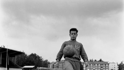 France striker Just Fontaine juggles the ball during training at the 1958 World Cup in Sweden. Getty