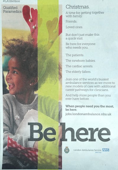 An NHS London Ambulance Service advert which appeared in an English-language newspaper in the UAE.