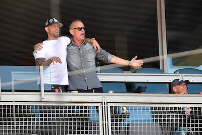 Actor Tom Hanks with his son Chet Hanks attending a baseball game at Dodger Stadium. Chet Hanks shared on social media that his family home was destroyed in the fire.Photo: USA TODAY Sports