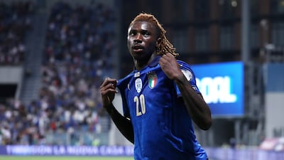 REGGIO NELL'EMILIA, ITALY - SEPTEMBER 08: Moise Kean of Italy celebrates after scoring their side's fourth goal during the 2022 FIFA World Cup Qualifier match between Italy and Lithuania at Mapei Stadium - Citta' del Tricolore on September 08, 2021 in Reggio nell'Emilia, Italy. (Photo by Marco Luzzani / Getty Images)