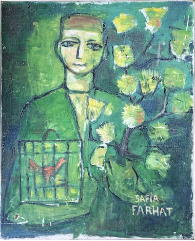 Pets and children are represented in Tunisian artist, activist and journalist Safia Farhat’s 'Child with Heliotropes' (1963). Barjeel Art Foundation