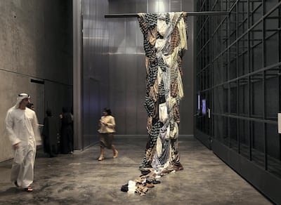 Artist Amna Al Dabbagh's 'The Hanging Odes', 2018 Embroidery on wool at Al Serkal Avenue in Dubai. Satish Kumar / The National
