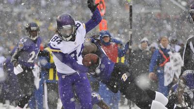 Minnesota wide receiver Cordarrelle Patterson with a catch on Sunday. Baltimore would go on the win the game 29-26. Gail Burton / AP