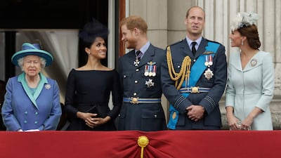 Britain's Queen Elizabeth II, Meghan the Duchess of Sussex, Prince Harry, and the Prince and Princess of Wales watch a flypast over Buckingham Palace on July 10, 2018. AP