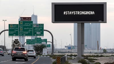 Billboards along Sheikh Zayed highway and other roads in Dubai display a message to India to stay strong, Antonie Robertson / The National.