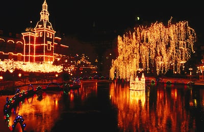 Lake in Tivoli Gardens illuminated for Christmas. Photo: EasyJet