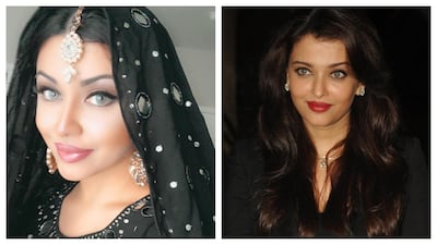 Aamna Imran, left, is trending online for her uncanny resemblance to Bollywood star Aishwarya Rai, right. Aamna Imran, AFP