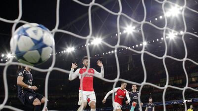Arsenal’s Alexis Sanchez scores their second goal against Dynamo Zagreb in the Champions League on Tuesday night. Adrian Dennis / AFP