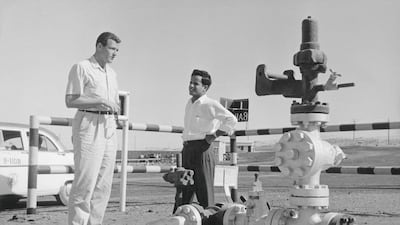 Oil Well Number 1, the first oil well on the Arabian side of the Arabian Gulf, near Jebel Dukhan in Bahrain, circa 1955. The well, which first has been preserved as a monument, first produced oil in 1932. Three Lions / Hulton Archive / Getty Images