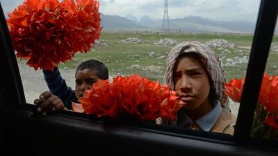Afghan children Malik (L), 8, and Popal, 11, display wild tulips to potential customers driving through the Shamali plains, north of Kabul. Wild tulips growing around Shamali plains make a source of income for poor Afghan families in the spring. Shah Marai / AFP