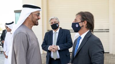 Sheikh Mohamed bin Zayed, Crown Prince of Abu Dhabi and Deputy Supreme Commander of the UAE Armed Forces, speaks to Luis Lacalle Pou, President of Uruguay, after a meeting at Al Shati Palace. All photos: Hamad Al Kaabi / Ministry of Presidential Affairs