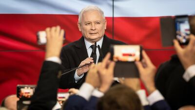 Leader of Poland's ruling Law and Justice (PiS) party, Jaroslaw Kaczynski reacts after the first exit polls during the party's electoral evening in Warsaw. AFP