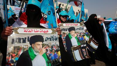 Supporters of the Al Sairun Party, which is backed by Iraqi Shiite cleric Moqtada Al Sadr, attend a campaign rally on May 4, 2018, ahead of the parliamentary election in Baghdad. Alaa Al Marjani / Reuters Photo