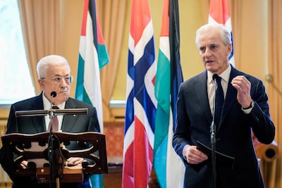 Norway's Prime Minister Jonas Gahr Store speaks at a press conference with Palestinian Authority President Mahmoud Abbas in Oslo on Wednesday. Norway recognised the state of Palestine in 2024. AFP
