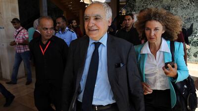 Ghassan Salame (centre), seen here in Benghazi on August 10, 2017. Abudllah Doma / AFP