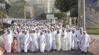 Sheikh Mohammed bin Rashid, Vice President and Ruler of Dubai, and Sheikh Mohammed bin Zayed, Crown Prince of Abu Dhabi and Deputy Supreme Commander of the Armed Forces, are joined by other sheikhs and dignitaries on the march from Al Manhal Palace to Qasr Al Hosn. Ryan Carter / Crown Prince Court – Abu Dhabi