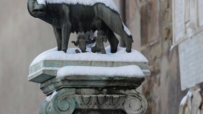 Snow covers the statue of the She-Wolf Nursing Romulus and Remus, the founders of Rome, on Rome Campidoglio (Capitol Hill) palace. Alessandra Tarantino / AP Photo