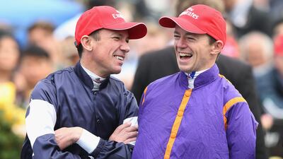 Jockey Frankie Dettori, left, shares a joke with Stephen Baster before the Melbourne Cup race. Michael Dodge / Getty Images