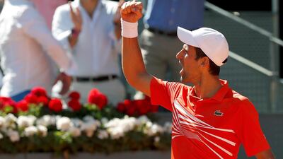 Novak Djokovic celebrates after beating Dominic Thiem to reach the Madrid Open final. EPA