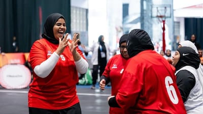 Emirati basketball player Khawla Ali celebrates with her teammates at the UAE Games. Photo: Special Olympics UAE