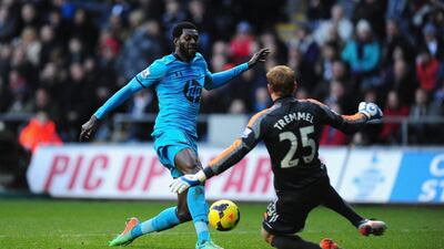 Centre forward: Emmanuel Adebayor, Tottenham. The revitalised striker added two more goals to his tally in the win at Swansea. Stu Forster / Getty Images