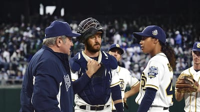 From left, Dan Lauria, Mark-Paul Gosselaar and Kylie Bunbury. Ray Mickshaw / FOX / OSN