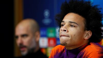 Manchester City manager Pep Guardiola and winger Leroy Sane during the press conference ahead of Wednesday's match against Hoffenheim. Reuters