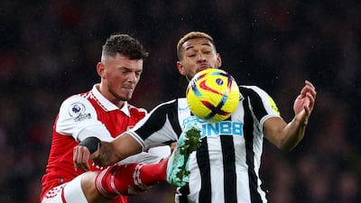 Arsenal's Ben White challenges Joelinton of Newcastle during the Premier League goalless draw at the Emirates Stadium on January 4, 2023. Reuters