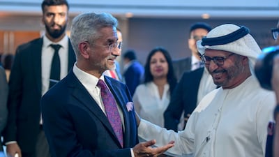 Subrahmanyam Jaishankar, India's Foreign Minister, and Dr Anwar Gargash, diplomatic adviser to President Sheikh Mohamed, greet each other at the India Global Forum held in ADGM on Al Maryah Island, Abu Dhabi on Monday. All photos: Khushnum Bhandari / The National