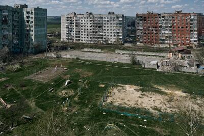 Damaged buildings in Bakhmut, the site of the heaviest battles in the Donetsk region, Ukraine, on April 26. AP