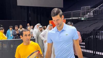 Sheikh Saeed and Novak Djokovic before their match at the inaugural World Tennis League in Dubai. Photo: Dubai Sports Council