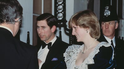 Prince Charles and Diana, Princess of Wales, wearing Bellville Sassoon, at 11 Downing Street, the official residence of the Chancellor of the Exchequer, on February 2, 1982. Getty Images