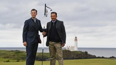 Eric Trump and Martin Ebert course architect attend the opening of Trump Turnberry's new golf course, the King Robert The Bruce course, on June 28, 2017 in Turnberry,Scotland. Formerly the Kintyre Course, it has been redesigned and upgraded and forms the second course to the acclaimed championship Ailsa course. But it will be considered for the 2019 Scottish Open. Jeff J Mitchell/Getty Images