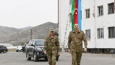 Azerbaijan's President Ilham Aliyev and first lady Mehriban Aliyeva during their visit to Fuzuli and Jabrayil districts of Azerbaijan. EPA